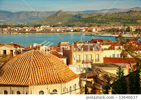 Bird view of central Nafplion with red tile roofs Bird view of central Nafplion with red tile roofs 13646637