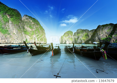 boats at Maya bay Phi Phi Leh island, Thailand 13647679