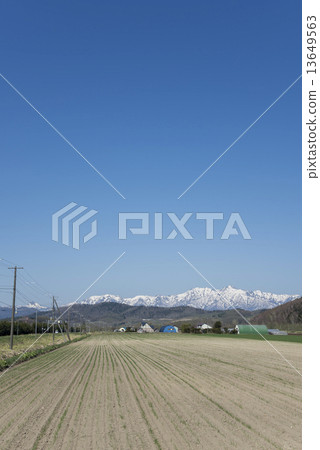 Bottom snow in the blue sky Watching landscape of distant mountain ranges of Yubari mountains 13649563