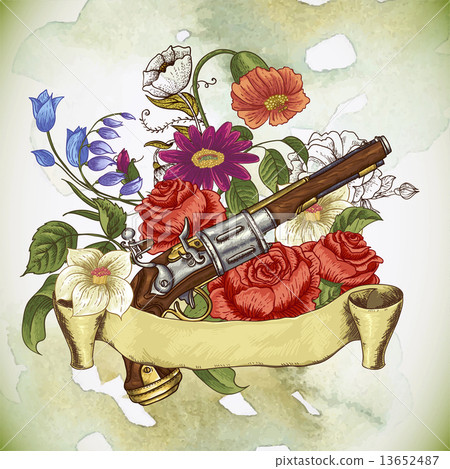 Vintage card with a gun and flowers 13652487