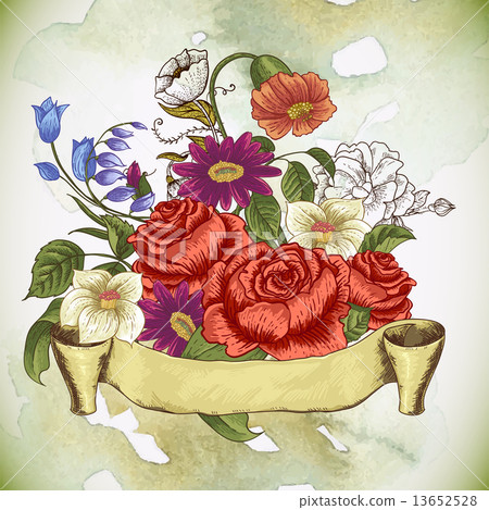Vintage floral card with roses and wild flowers - Stock Illustration ...