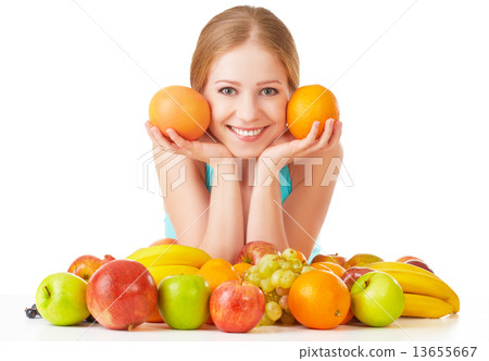 happy girl and healthy vegetarian food, fruit Isolated on white background happy girl and healthy vegetarian food, fruit Isolated on white background 13655667