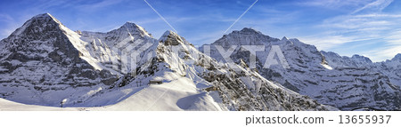 Four alpine peaks and skiing resort in swiss alps 13655937
