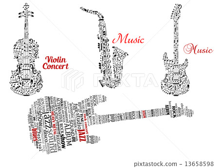 Guitar, violin and saxophone with notes or tag clouds Guitar, violin and saxophone with notes or tag clouds 13658598