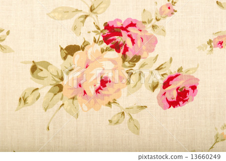 Cotton linen fabric texture with drawing flowers roses 13660249