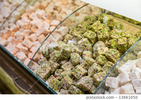 Traditional Dessert Turkish Delight for sale in the market Traditional Dessert Turkish Delight for sale in the market 13661050