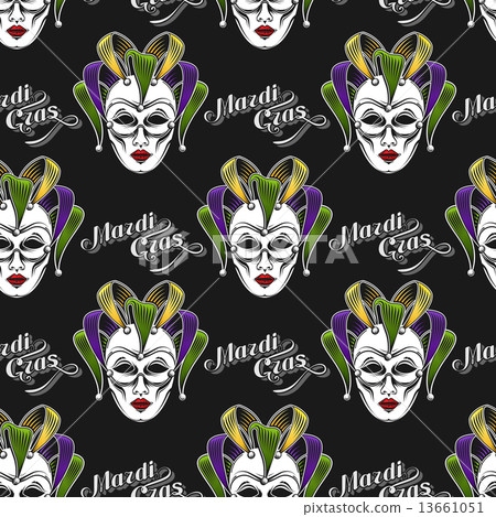 vector background with engraving Mardi Gras or Shrove Tuesday carnival mask or jester emblem. seamle 13661051