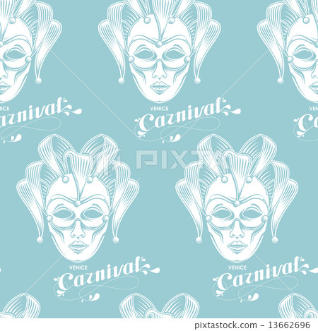 vector background of engraving venetian carnival mask or jester emblem and ornate lettering logo. se 13662696