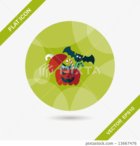 Halloween pumpkin shaped box with candies flat icon with long sh 13667476