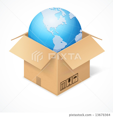 Opened cardboard box and globe, isolated on white Opened cardboard box and globe, isolated on white 13678364