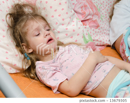 Diseased three year old girl suffering from high temperature Diseased three year old girl suffering from high temperature 13679305