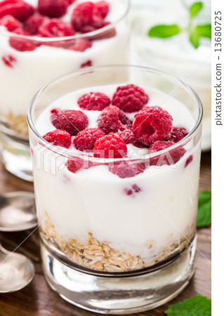 Yogurt with muesli and raspberries Yogurt with muesli and raspberries 13680725