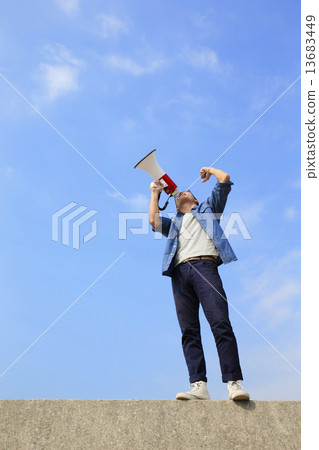 young man shout megaphone young man shout megaphone 13683449