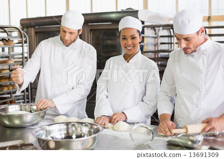 Team of bakers preparing dough 13691309