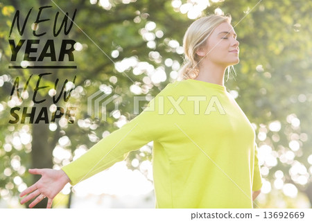 Composite image of fit happy blonde enjoying the sun Composite image of fit happy blonde enjoying the sun 13692669