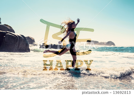 Composite image of beautiful smiling woman in white bikini skipp 13692813