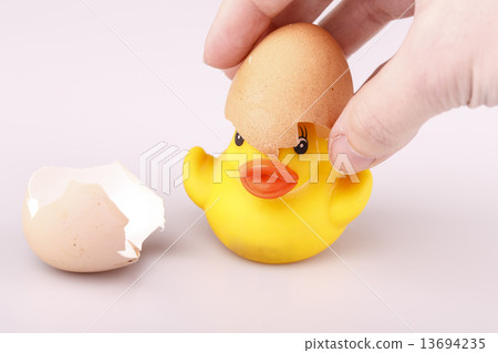 Yellow small plastic duck with egg isolated on a white backgroun Yellow small plastic duck with egg isolated on a white backgroun 13694235