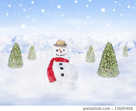 Smiling Snowman and Christmas Trees Outdoors Snowing Smiling Snowman and Christmas Trees Outdoors Snowing 13695408