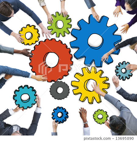 Group of Multiethnic Business People with Cog Symbols Group of Multiethnic Business People with Cog Symbols 13695890