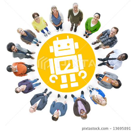 Group of Multiethnic Cheerful People with Robot Symbol Group of Multiethnic Cheerful People with Robot Symbol 13695891