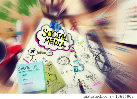 Desk with Social Media and Connection Concepts Desk with Social Media and Connection Concepts 13695902