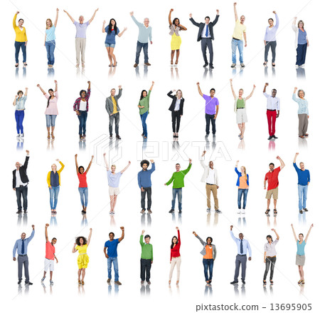 Multiethnic Group of People Arms Raised and Celebration Multiethnic Group of People Arms Raised and Celebration 13695905