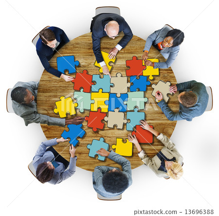 Group of People with Jigsaw Puzzle in Photo and Illustration 13696388