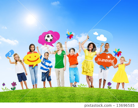 Group of Mixed Age Holding Colorful Speech Bubbles in a Summer C Group of Mixed Age Holding Colorful Speech Bubbles in a Summer C 13696585