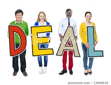Group of People Standing Holding Deal Letter Group of People Standing Holding Deal Letter 13696636