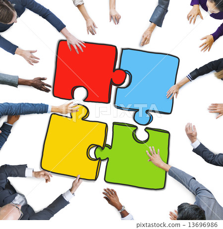 Group of People Holding Jigsaw Puzzle in Photo and Illustration Group of People Holding Jigsaw Puzzle in Photo and Illustration 13696986