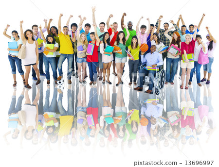 Diverse Group of High School Students with Arms Raised 13696997