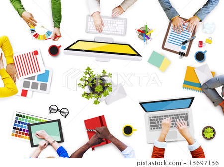 Group of Hands with DIgital Devices in Photo and Illustration 13697136
