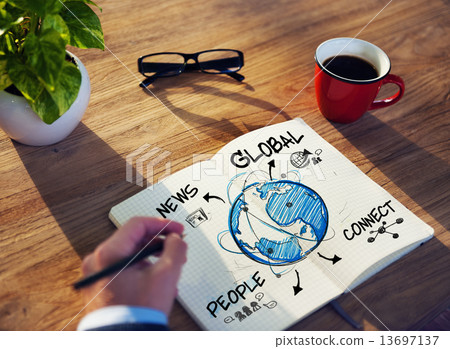 Man with a Note Pad and Global Network Concept 13697137
