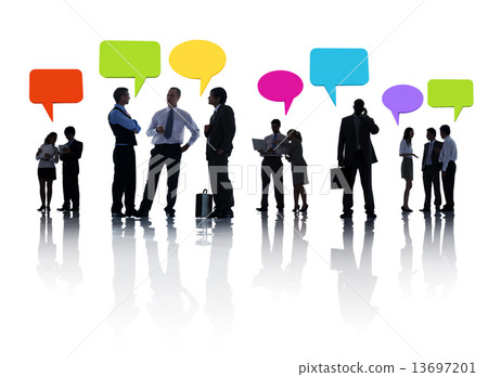 Group Of Business People Discussing And Multi-Colored Speech Bub Group Of Business People Discussing And Multi-Colored Speech Bub 13697201