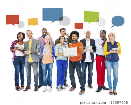 Diverse People Social Networking and Empty Speech Bubbles Diverse People Social Networking and Empty Speech Bubbles 13697306