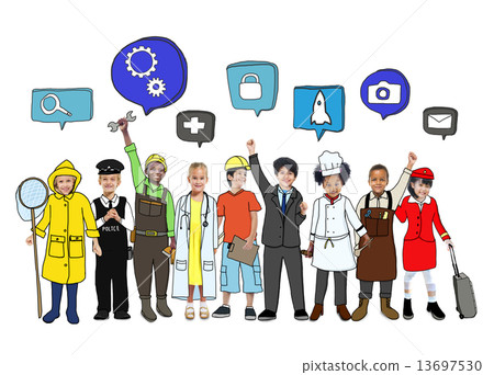 Cheerful Kids and Various Occupations Concept Cheerful Kids and Various Occupations Concept 13697530