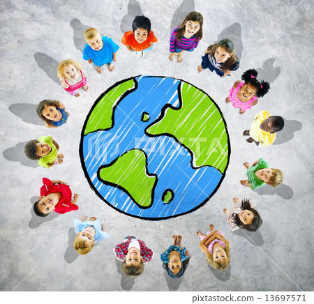 Big group of kids with globe 13697571