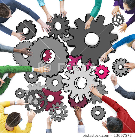 Group of People with Gear Symbol in Photo and Illustration Group of People with Gear Symbol in Photo and Illustration 13697572
