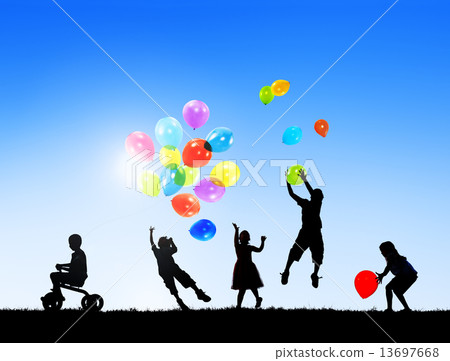Silhouettes of Children Playing Balloons Outdoors 13697668