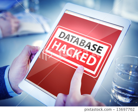 Hands Holding Digital Tablet Database Hacked 13697702