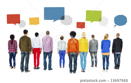 Rear View of Diverse People and Empty Speech Bubbles 13697988