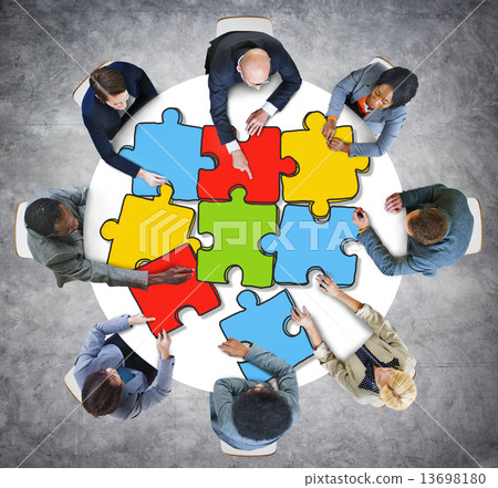Group of Business People with Jigsaw Puzzle in Photo and Illustr 13698180