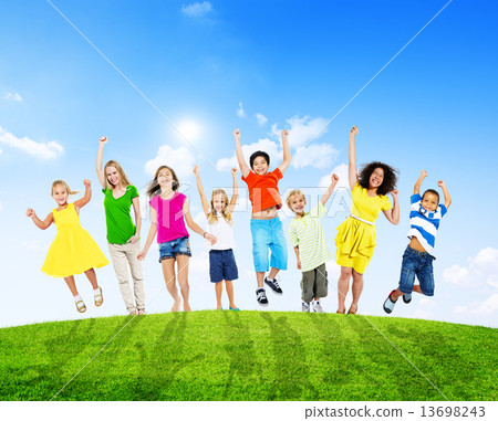 Cheerful Children and Women Raising Their Arms Outdoors Cheerful Children and Women Raising Their Arms Outdoors 13698243