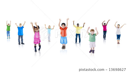 Multi-Ethnic Children with Their Arms Raised 13698627