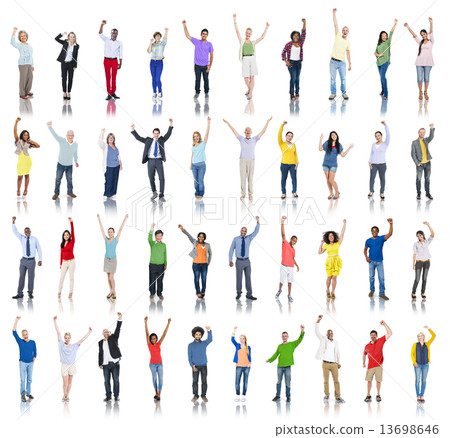 Group of Diverse People Hands Raised Celebrating 13698646
