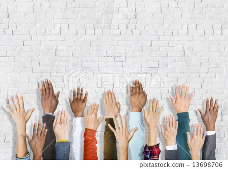 Group of Multiethnic Diverse Hands Raised 13698706