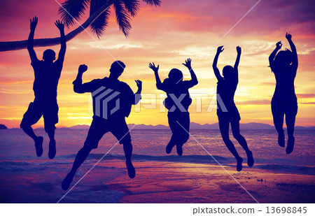 Silhouettes of People Jumping by the Sea Silhouettes of People Jumping by the Sea 13698845