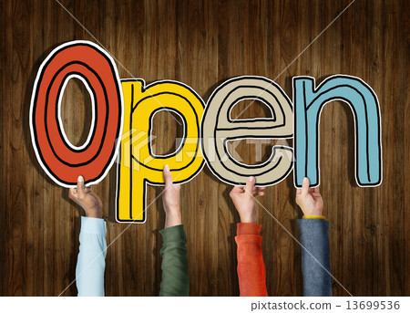Multiethnic Group of Hands Holding Word Open Multiethnic Group of Hands Holding Word Open 13699536