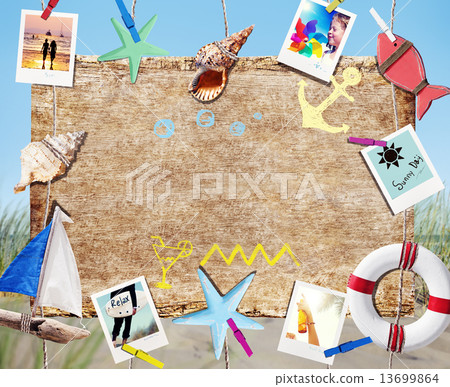 Hanging Signboard with Summer Objects and Photos on Beach 13699864