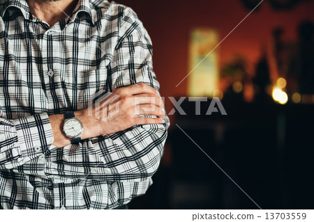 Close Up Vintage Old Watch On Man Hand. Striped Shirt Close Up Vintage Old Watch On Man Hand. Striped Shirt 13703559